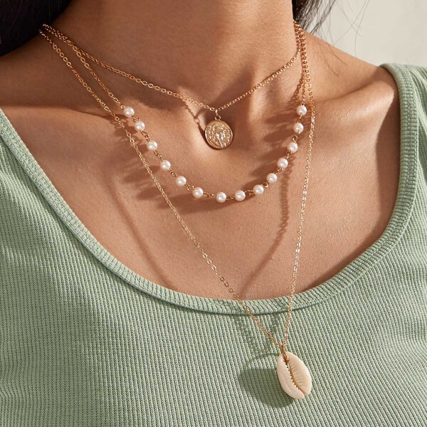 

1pc Coin & Shell Charm Layered Necklace, Gold