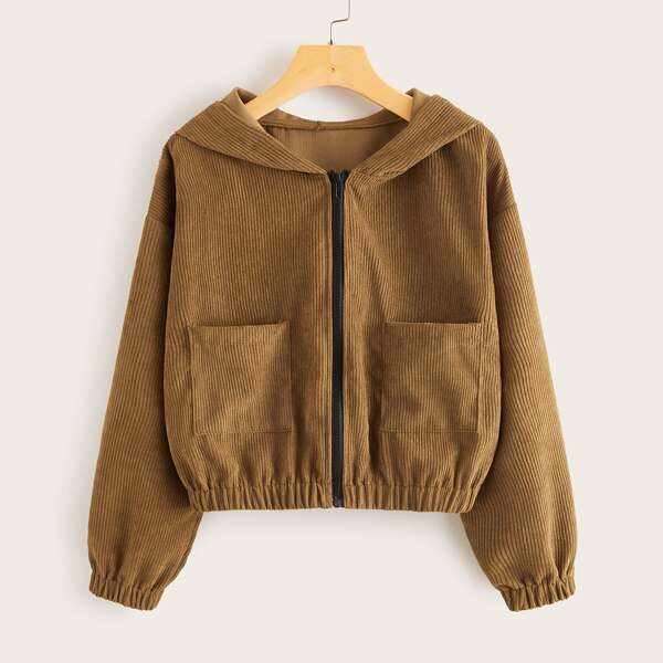 Corduroy Dual Pockets Zipper Hooded Jacket, Brown