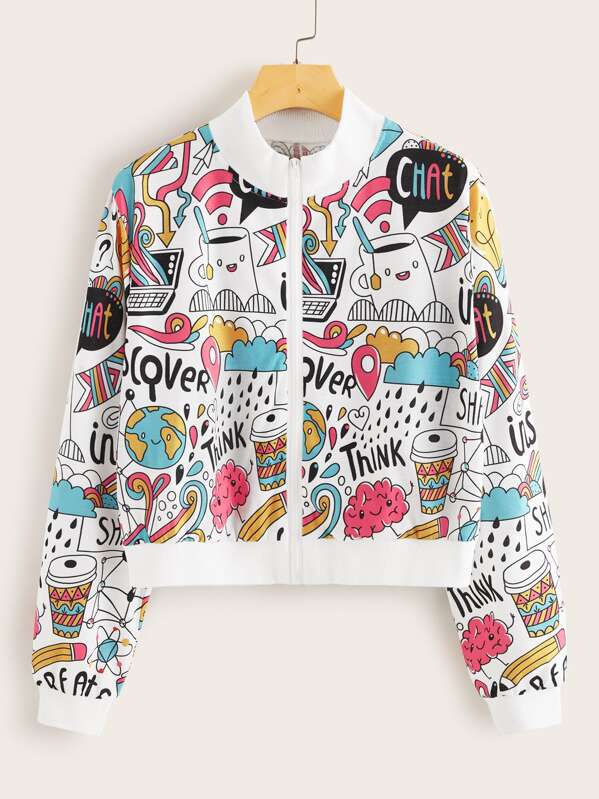 

Letter And Cartoon Print Bomber Jacket, Multicolor