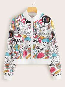 Letter And Cartoon Print Bomber Jacket