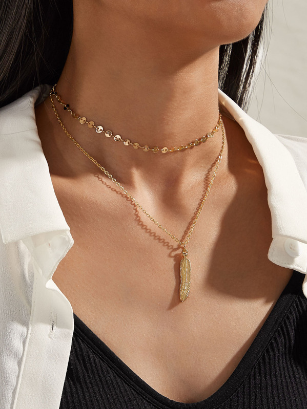 

1pc Feather Charm Layered Necklace, Gold