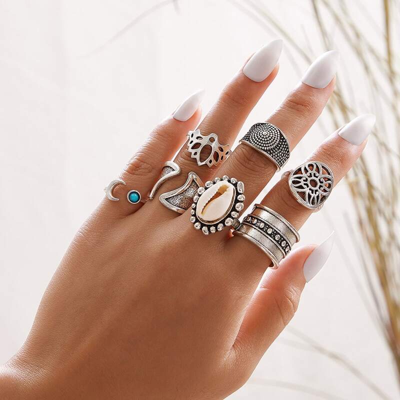 

7pcs Shell & Flower Decor Ring, Silver