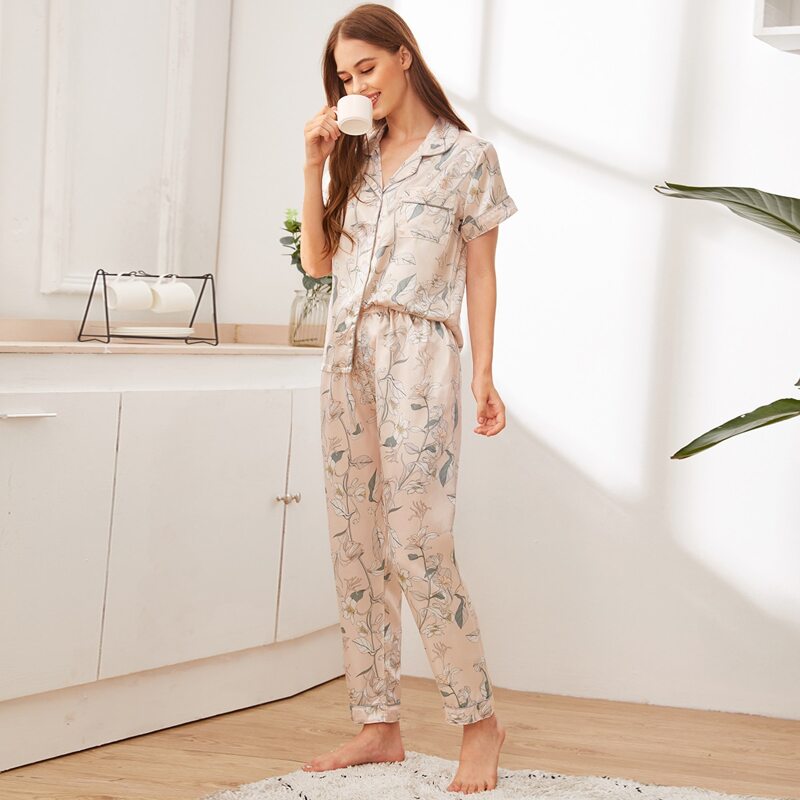 

Floral Print Button Front Satin PJ Set, Gold
