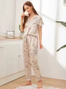 花卉印花纽扣前缎面睡衣套装 / 睡衣套装