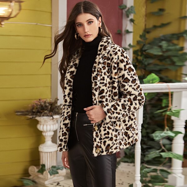 

Leopard Print Button Front Teddy Coat, Multicolor