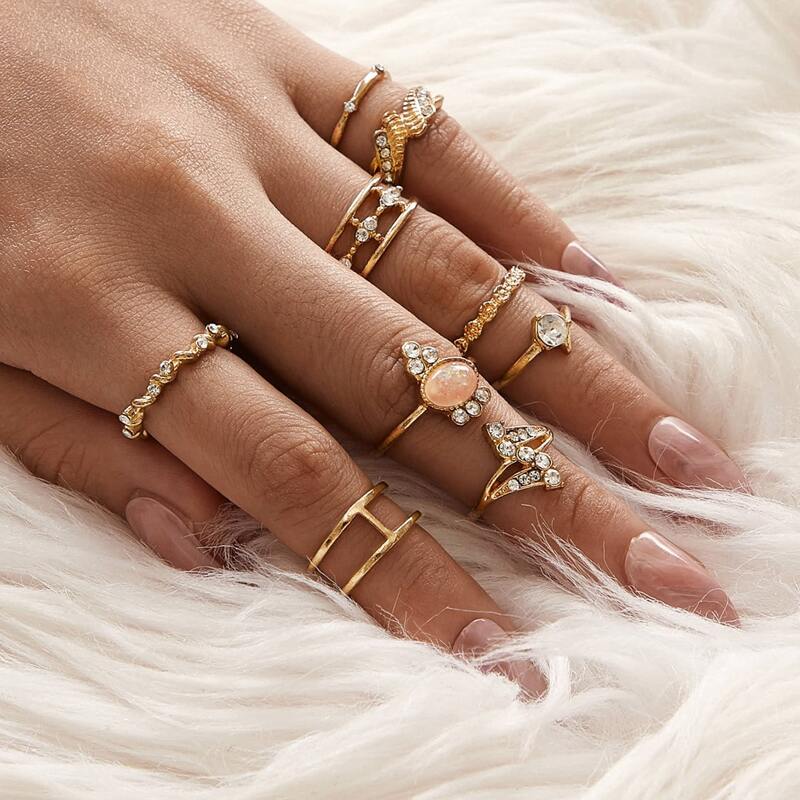 

Rhinestone Decor Ring 9pcs, Gold