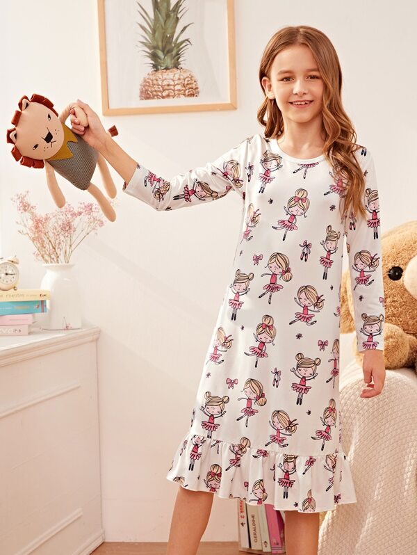 

Girls Cartoon Girls Print Ruff Trim Night Dress, Multicolor, Sashab