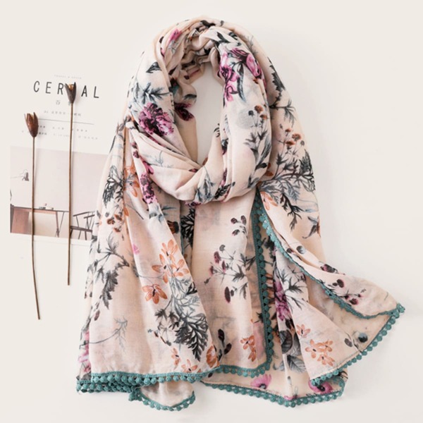 

Floral Pattern Pom Pom Decor Scarf, Multicolor