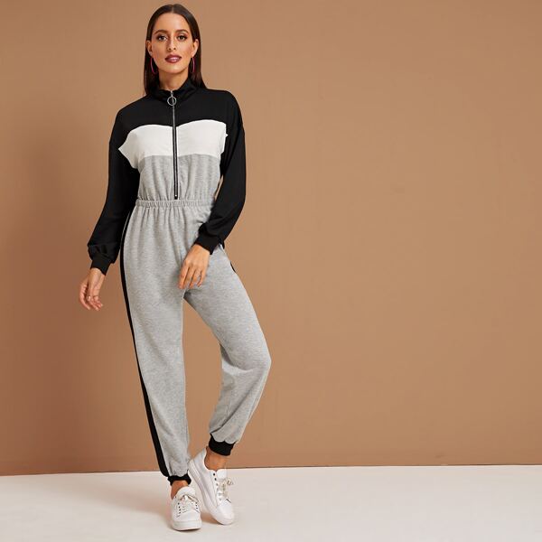 

Mock Neck Elastic Waist Zipper Front Colorblock Jumpsuit, Multicolor