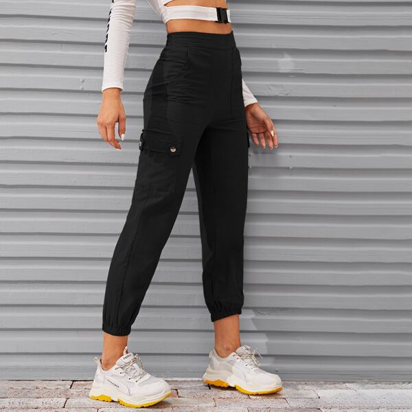 

Flap Pocket Elastic Waist Cargo Pants, Black