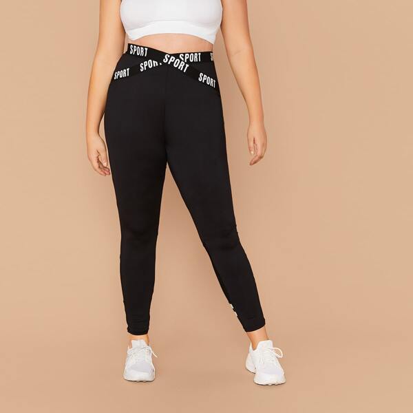 

Plus Crisscross Letter Tape Mesh Insert Leggings, Black