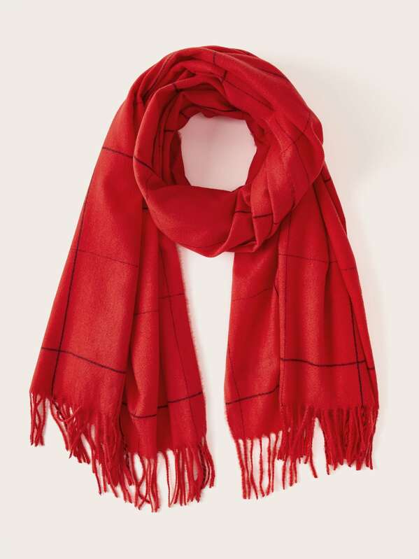 

Christmas New Year Plaid Fringe Hem Scarf, Red