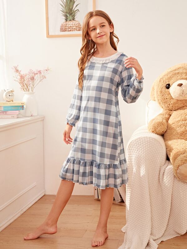 

Girls Buffalo Plaid Ruffle Trim Night Dress, Blue, Sashab