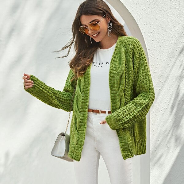 

Open Front Cable Knit Cardigan, Green bright