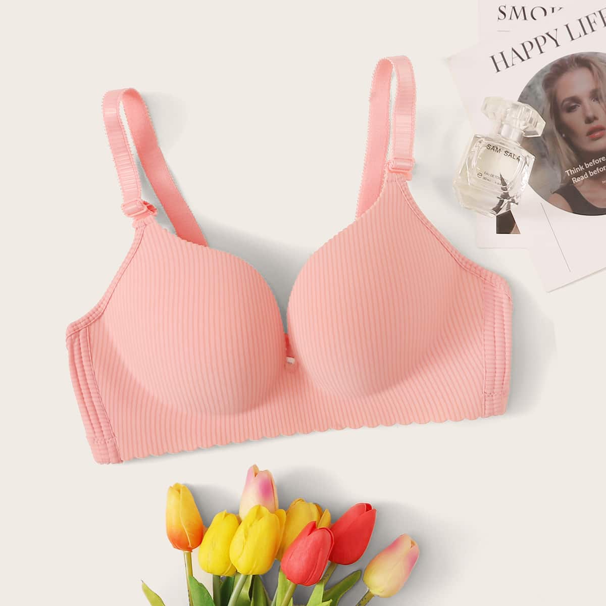

Striped Scallop Trim Bra, Pink