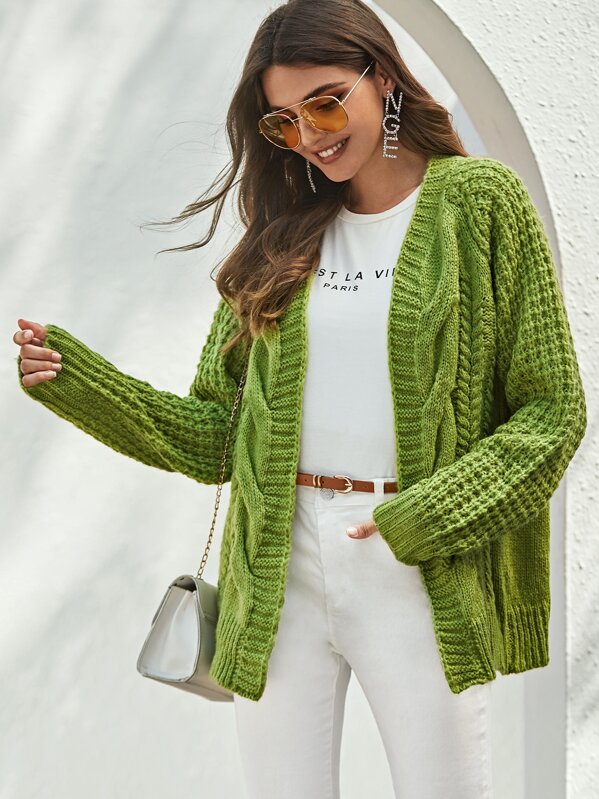 Open Front Cable Knit Cardigan, Green, Barbara C