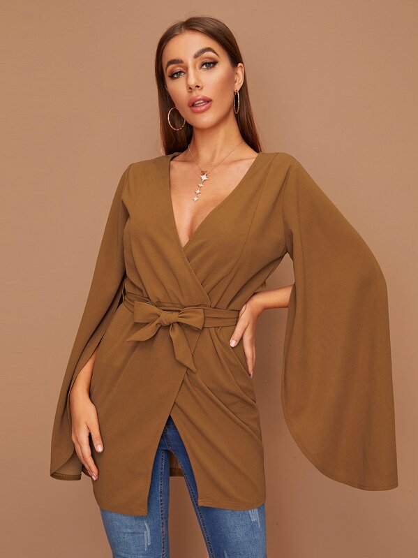 

Split Sleeve Surplice Wrap Belted Coat, Brown, Hanna