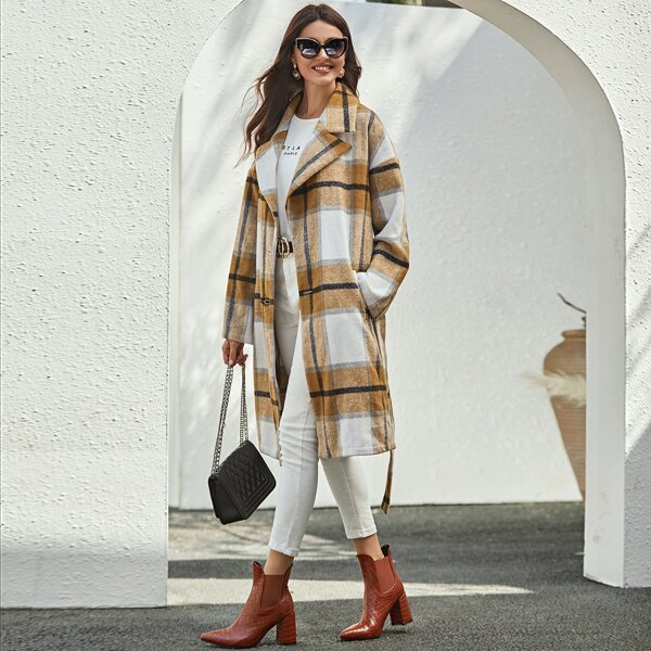 

Plaid Double Button Belted Coat, Multicolor