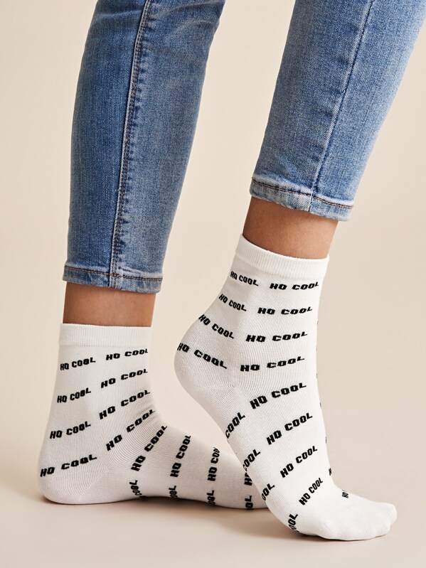 

1pair Slogan Graphic Socks, Black and white