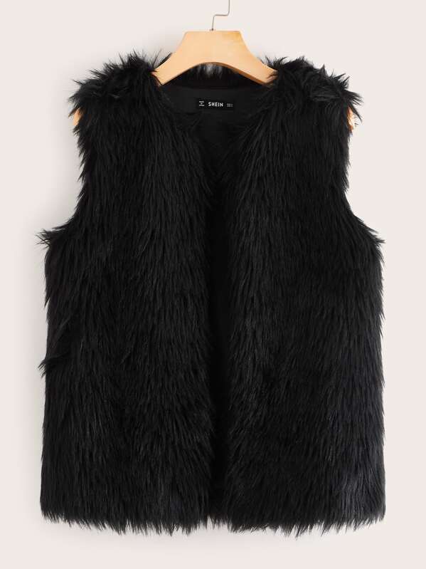 

Open Front Faux Fur Vest Coat Without Tee, Black, Anna Herrin