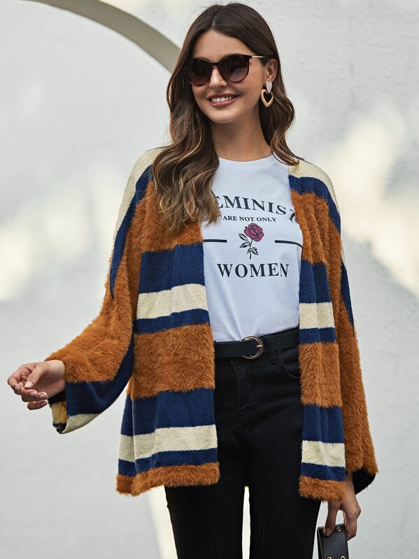 

Striped Color Block Fuzzy Cardigan, Multicolor, Barbara C