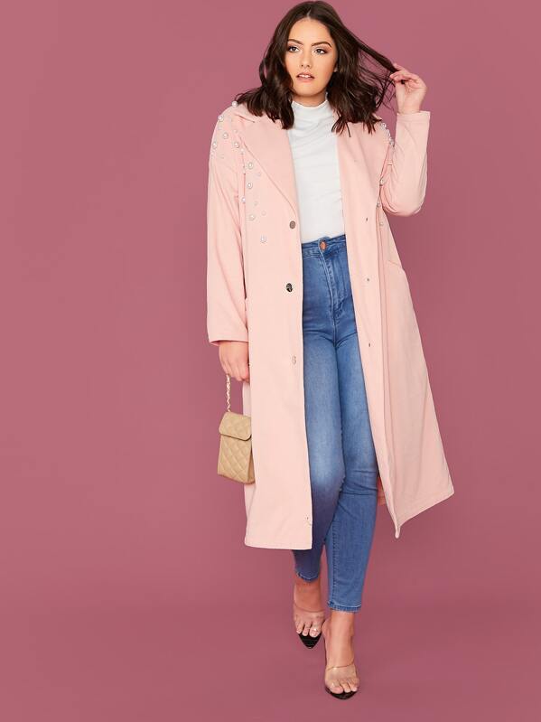 

Plus Notch Collar Pearls Beaded Solid Coat, Pink, Marcelle Pallais