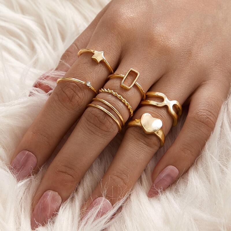 

9pcs Heart & Star Design Ring Set, Gold