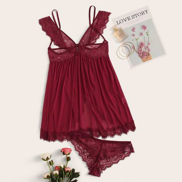 

Plus Contrast Lace Mesh Slips With Panty, Burgundy