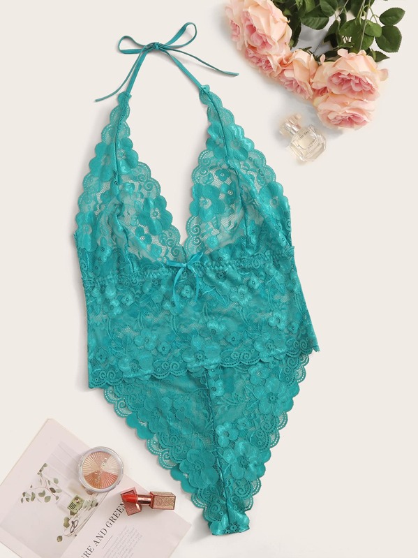 

Plus Floral Lace Halter Teddy Bodysuit, Green