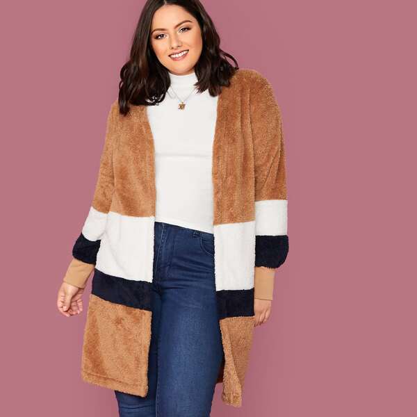 

Plus Open Front Colorblock Teddy Coat, Camel