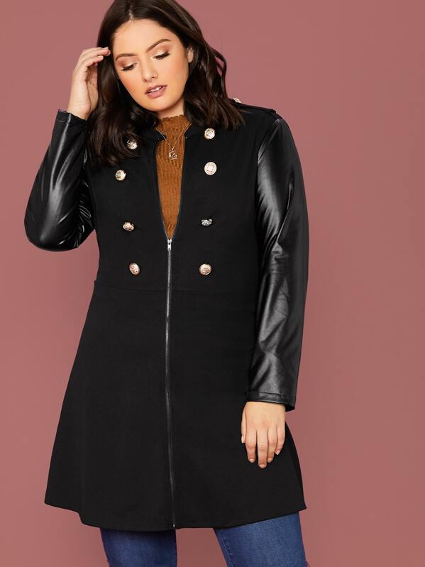 

Plus Gold Button Detail PU Sleeve Zipper Up Coat, Black, Marcelle Pallais