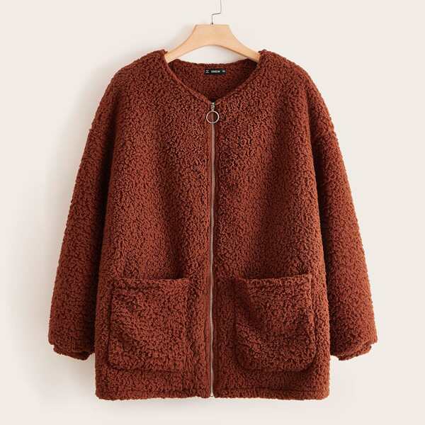 

Plus Patch Pocket Zipper Up Teddy Coat, Brown