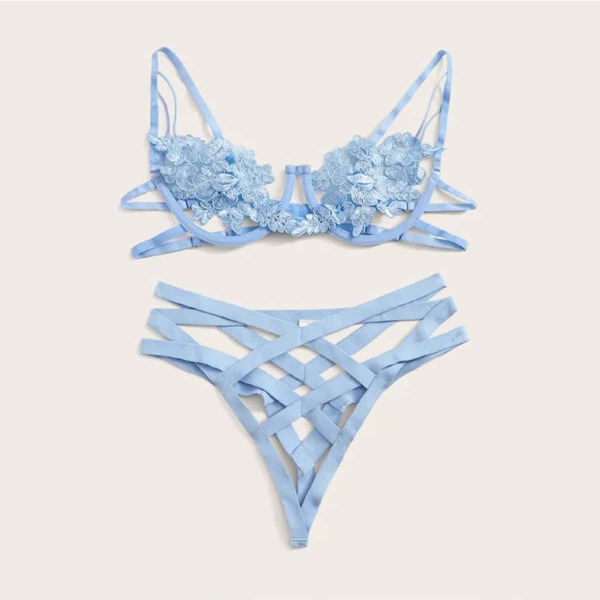 

Plus Embroidery Lace Lingerie Set, Blue