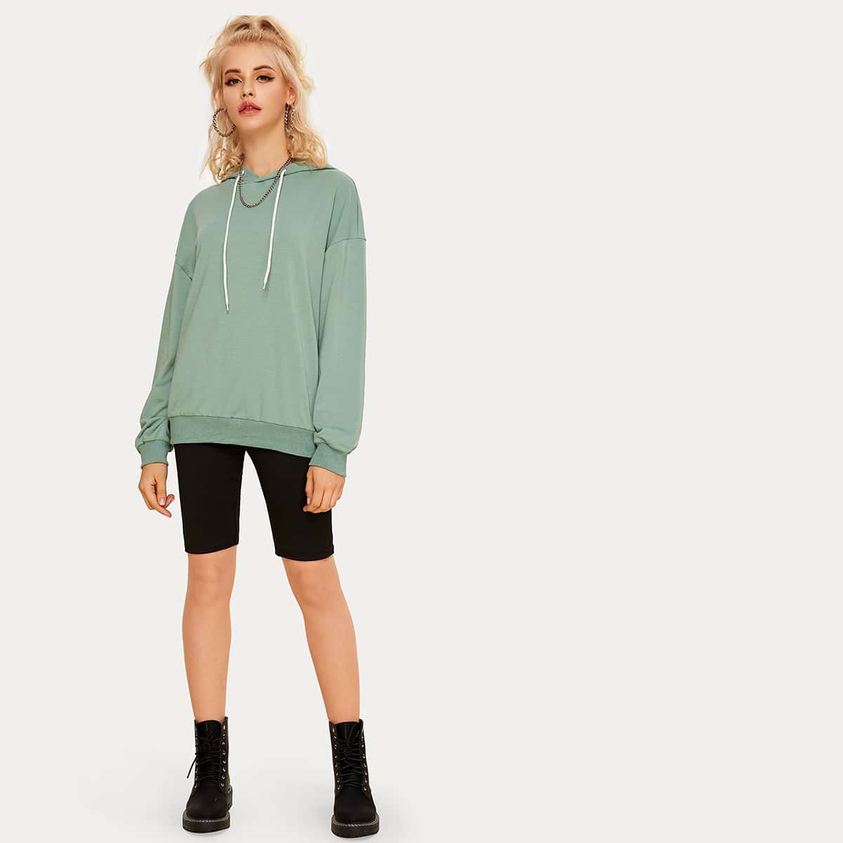 

Solid Drawstring Hoodie & Cycling Shorts, Green