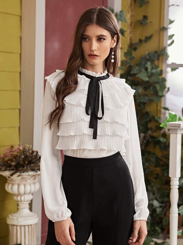 

Tie Neck Layered Trim Chiffon Blouse, White, Mila