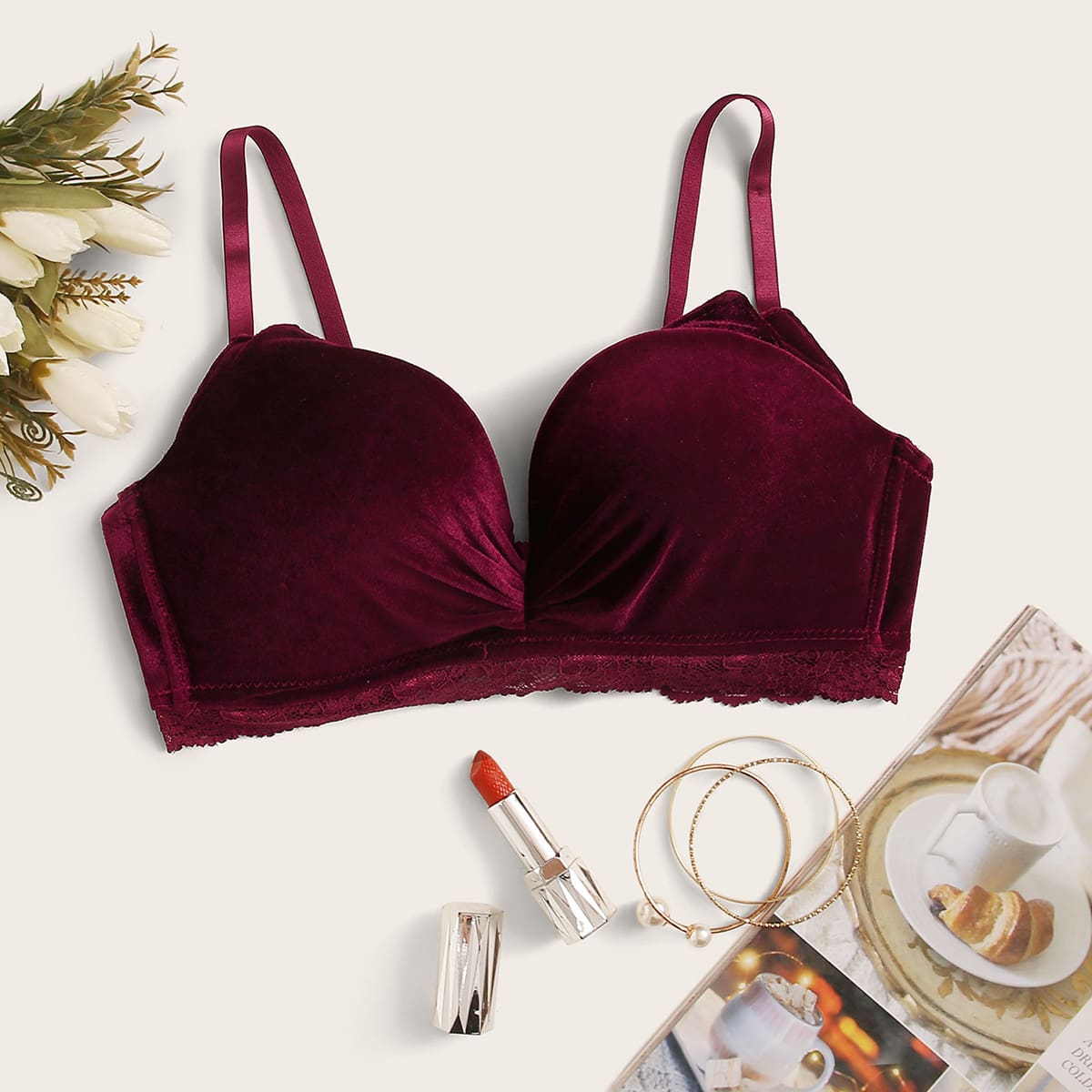 

Solid Velvet Bra, Burgundy