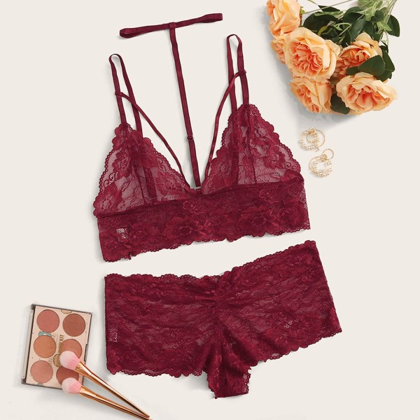 

Plus Floral Lace Harness Lingerie Set With Choker, Burgundy