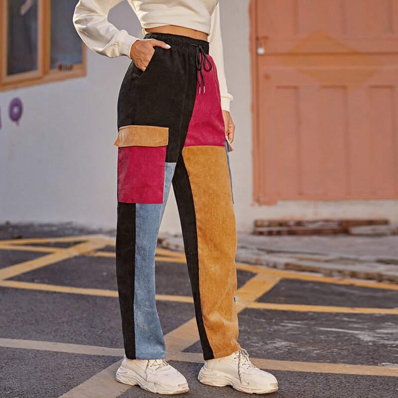 

Colorblock High Waist Drawstring Cord Pants, Multicolor