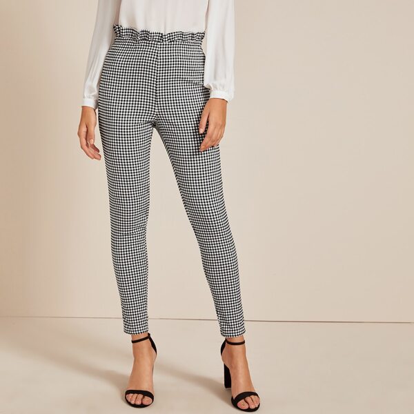 

Ruffle Trim Gingham Pants, Black and white