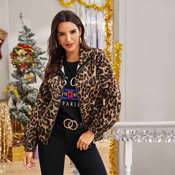 

Leopard Print Zip Up Jacket, Multicolor