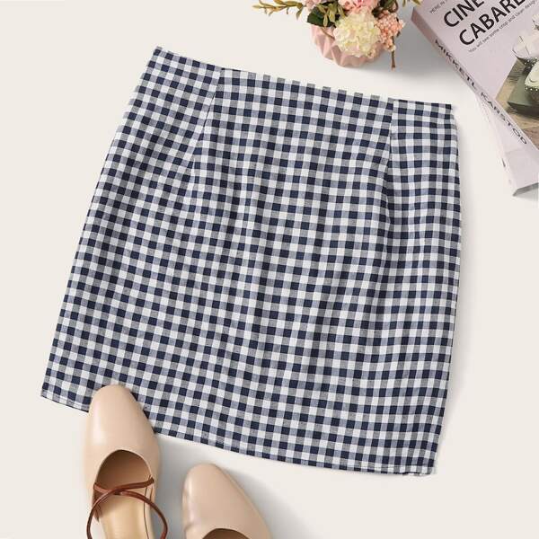 

Gingham Print Zip Back Skirt, Navy