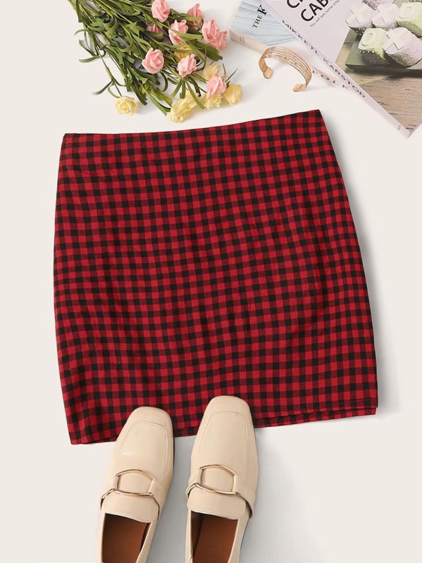 

Gingham Print Zipper Back Skirt, Red
