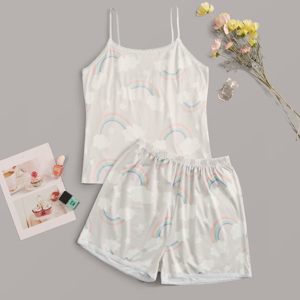 

Plus Rainbow Striped Lace Trim Cami PJ Set, Multicolor