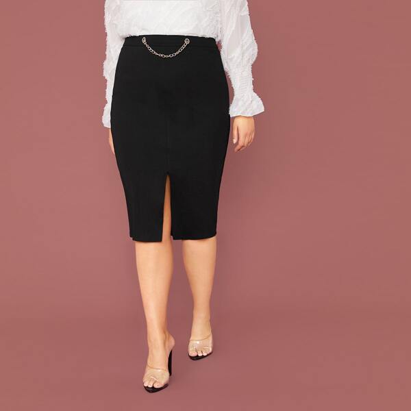 

Plus Split Hem Chain Detail Pencil Skirt, Black