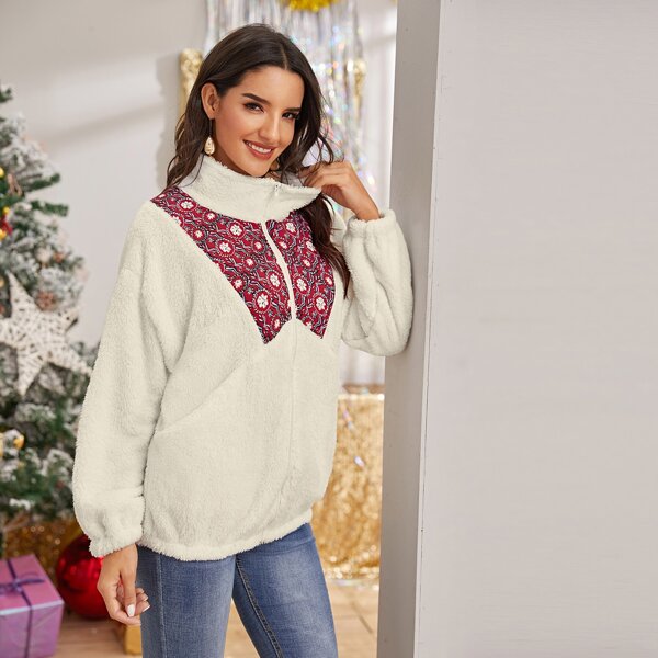 

Contrast Panel Aztec Print Teddy Coat, Beige