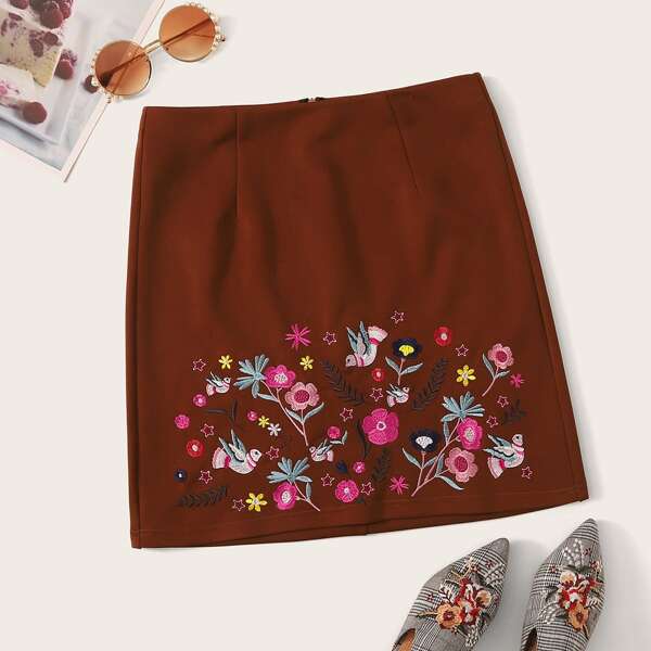 

Embroidered Bird and Botanical Detail Zip Back Skirt, Brown