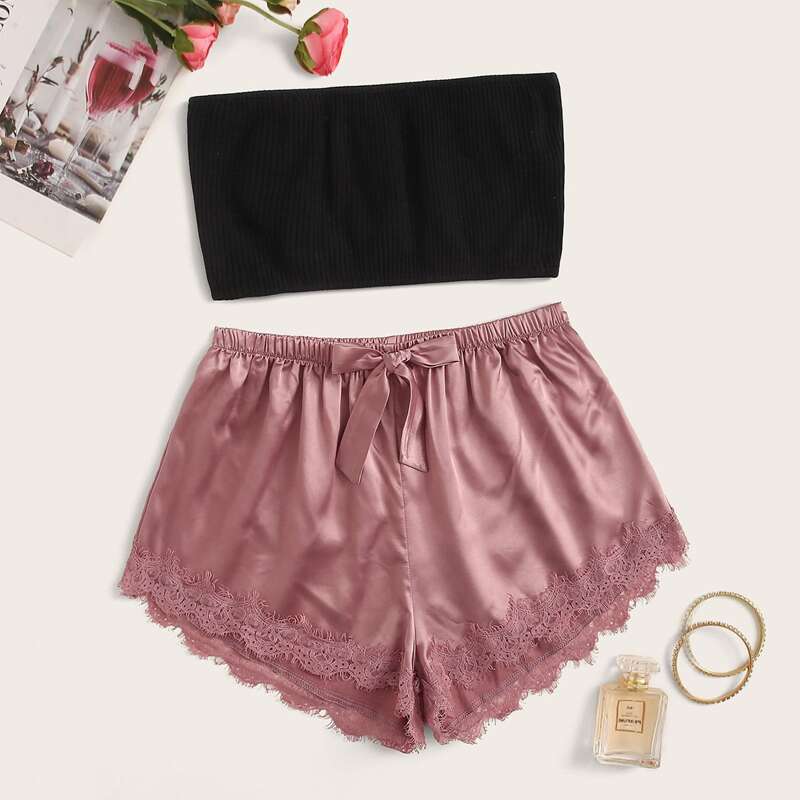 

Rib Bandeau With Satin Shorts PJ Set, Multicolor
