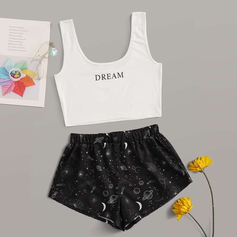 

Letter & Galaxy Print PJ Set, Black and white