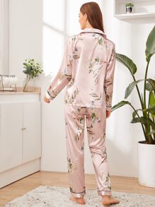Floral Print Button-Up Satin PJ Set / Pajama Set, Fall & Winter Clothes - Baby Pink - View 2