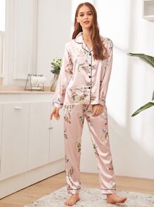 Floral Print Button-Up Satin PJ Set / Pajama Set, Fall & Winter Clothes - Baby Pink - View 3